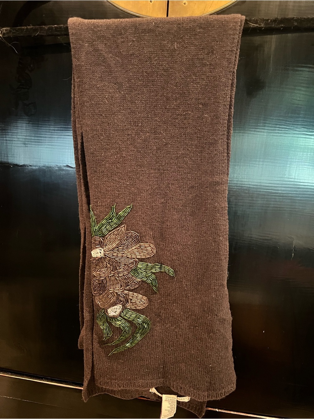 Twelve by Twelve Brown Knit Scarf with Green Embroidered Floral Beading Detail